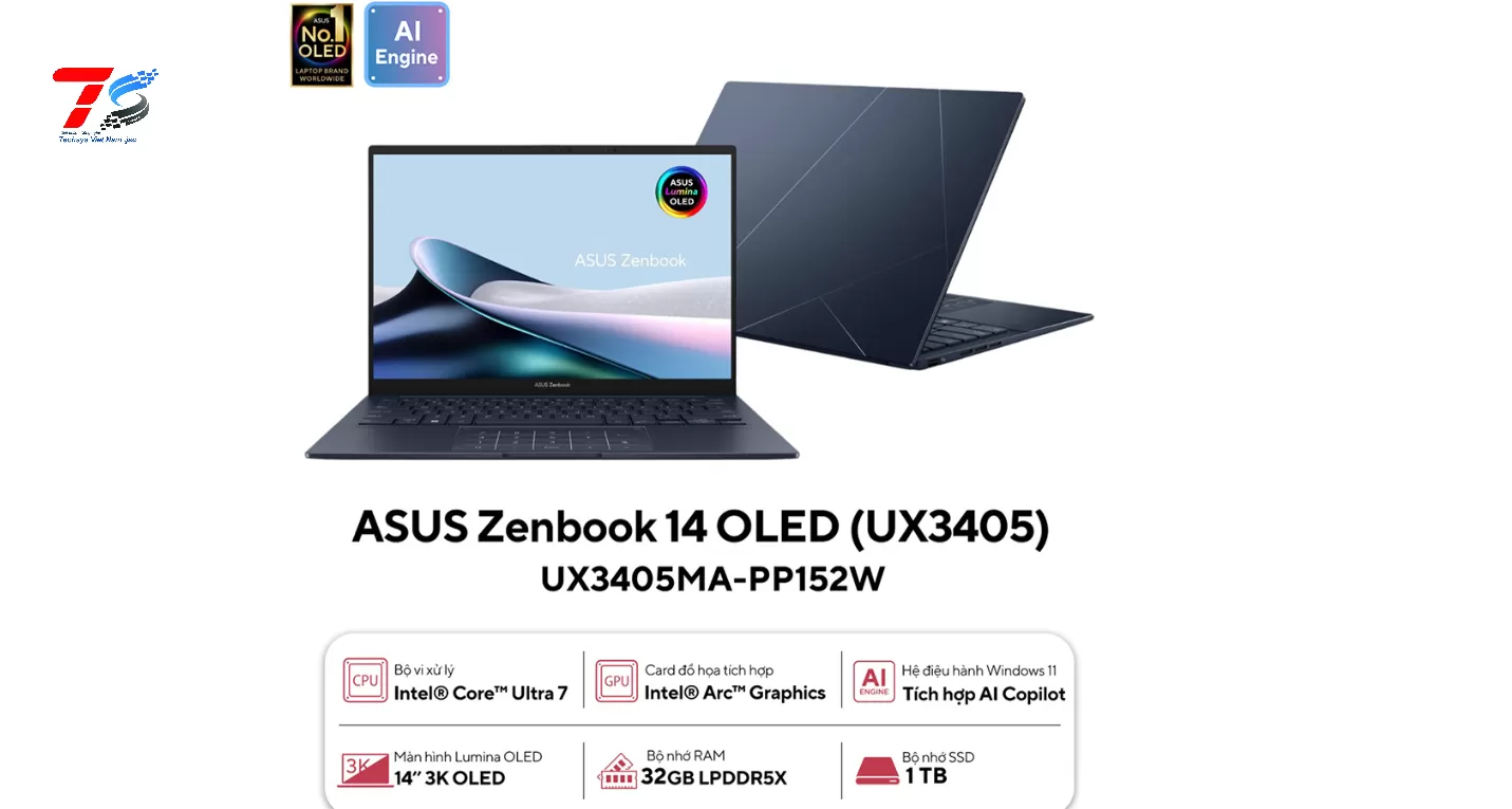 Laptop Asus Zenbook 14 OLED UX3405MA-PP152W (Core Ultra 7 155H | 32GB | 1TB | Intel Arc | 14 inch 3K OLED 120 Hz | W11H | Xanh)